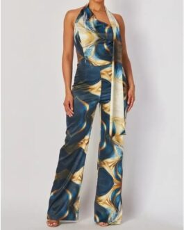 SATIN PRINT HALTER NECK JUMPSUIT