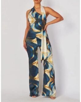 SATIN PRINT HALTER NECK JUMPSUIT