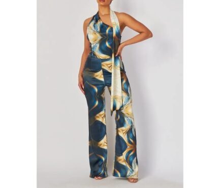 SATIN PRINT HALTER NECK JUMPSUIT