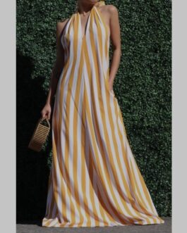 STRIPED HALTER MAXI WITH POCKETS
