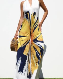 FLORAL PRINT HALTER JUMPSUIT WITH POCKETS