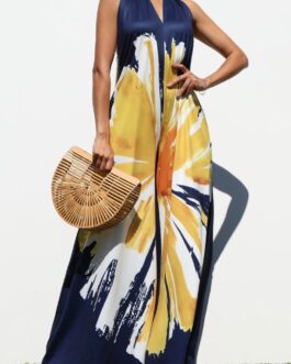 FLORAL PRINT HALTER JUMPSUIT WITH POCKETS