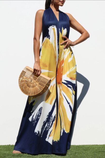 FLORAL PRINT HALTER JUMPSUIT WITH POCKETS